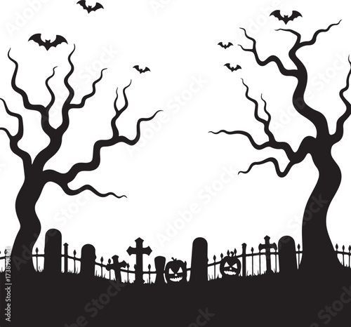 Halloween graveyard with spooky trees and bats cemetery