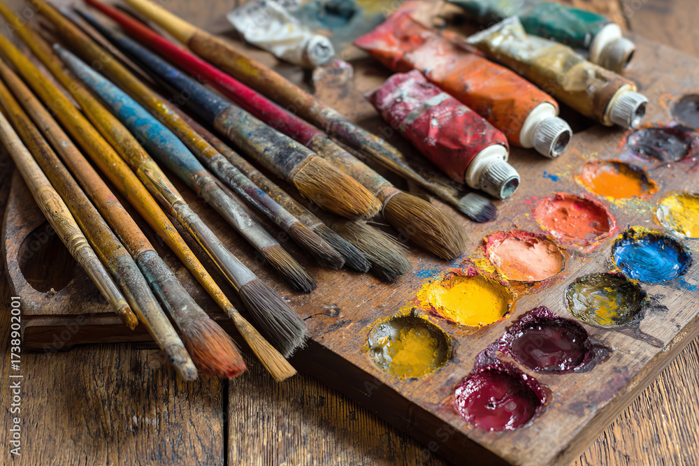 Fototapeta premium Paintbrushes with colorful paint palette and tubes on wooden table