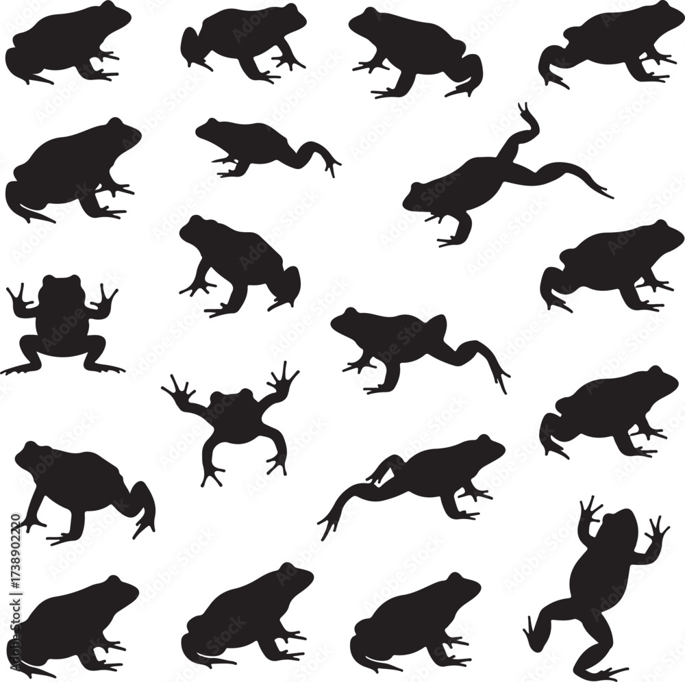 Fototapeta premium Silhouette Frogs in Diverse Poses: A collection of amphibian silhouettes, captured in dynamic poses, showcasing the frog's form from various perspectives, perfect for design.