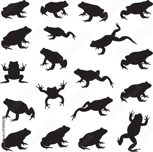 Silhouette Frogs in Diverse Poses: A collection of amphibian silhouettes, captured in dynamic poses, showcasing the frog's form from various perspectives, perfect for design.