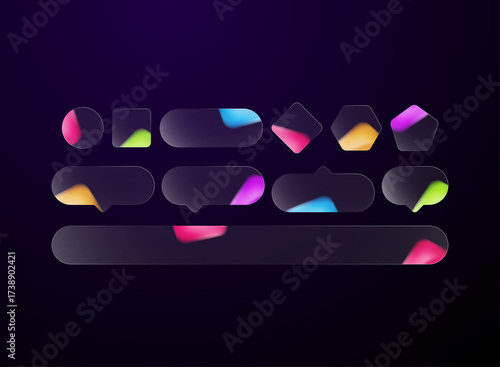 Modern glassmorphism shape and UI element set. Colorful gradient interface design, abstract button and frame template. Creative vector layout,  Futuristic minimal element  for web and app design.