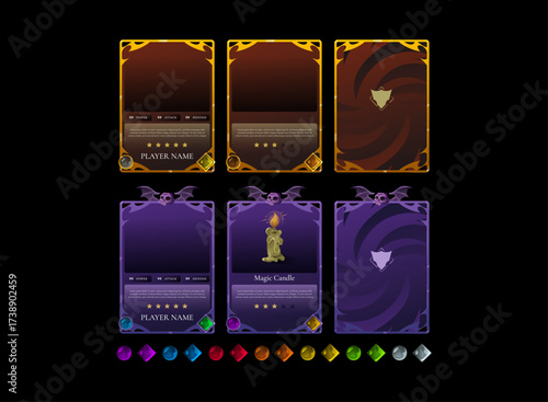 Golden ancient and halloween fantasy trading card game template set. Magic RPG card layout with gothic border and crystal gem elements, collectible battle deck for board games and digital TCG projects