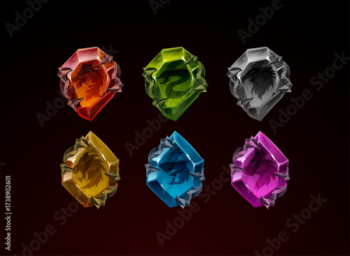 Animal elemental crystal rune set. Fantasy gemstones with dragon, snake, eagle, lion, shark, and wolf symbols, magical collectible resource for RPG games and spell crafting, rune stone
