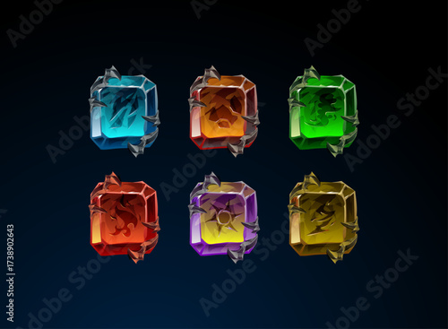 Elemental rune crystal set. Fantasy magical gemstones with fire, water, earth, wind, lightning, and spirit symbols, glowing enchanted stones for RPG games and spell crafting, collectible resource icon