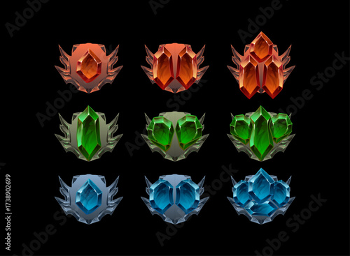 Red, green, and blue crystal rank progression badges. Fantasy gemstone emblem set for RPG games, level ranking, achievement rewards, collectible medals, and upgrade stages