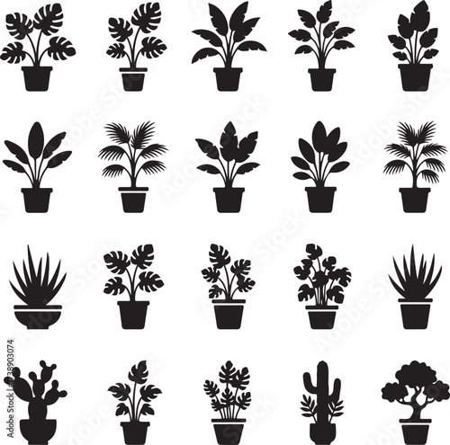 Collection of Houseplant Icons: A clean, modern collection of various houseplants presented as sleek black silhouette icons, perfect for design and illustrative purposes.