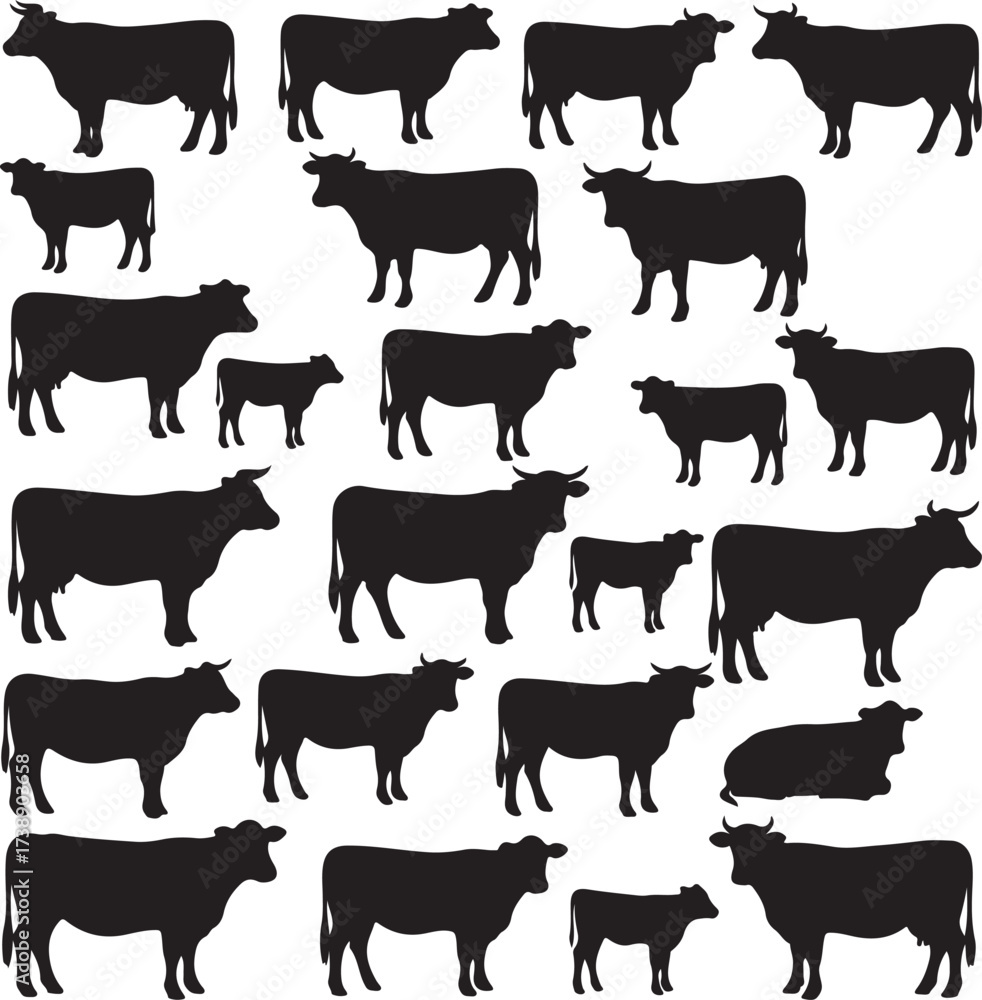 Fototapeta premium Cattle Silhouette Pattern: A captivating pattern of cattle silhouettes, a monochromatic collection of these farm animals creating a visually striking design. 