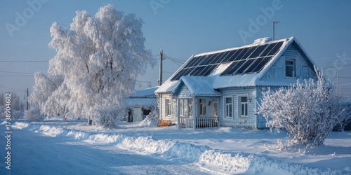 Snowy village house with solar panels