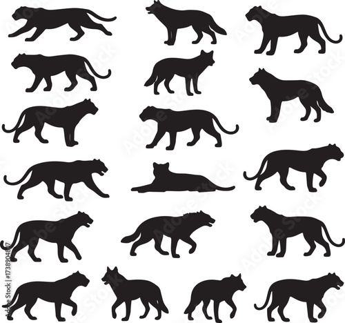 Feline Silhouettes: A collection of dynamic black silhouettes of various felines in different poses, capturing the elegance and grace of the animals in their most natural stances. 