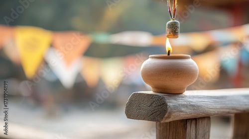 Close-Up of Clay Lantern with Flickering Flame in a Festive Setting