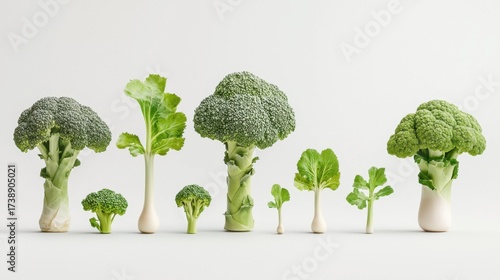 Various Sizes of Broccoli and Greens on White Background Display