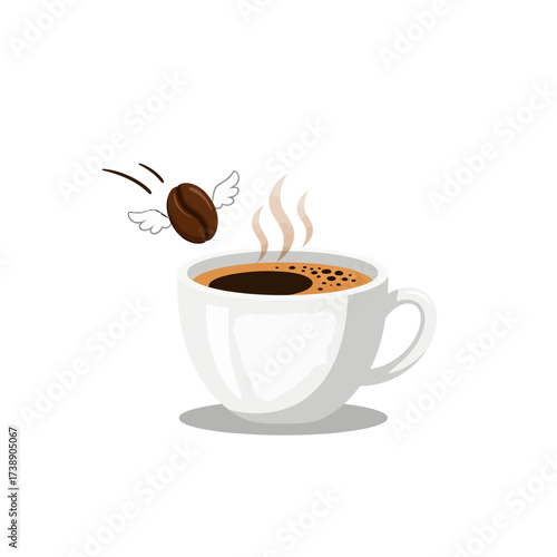 Whimsical Coffee Bean with Wings Flying Towards a Steaming Cup.