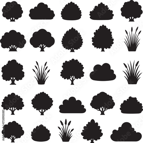 Silhouette Collection: A captivating collection of artistic silhouettes, featuring an assortment of meticulously crafted trees, bushes, and ornamental plants, offering versatility for design projects.