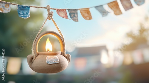 Festive Rural Scene with Hanging Clay Lamp and Colorful Banners