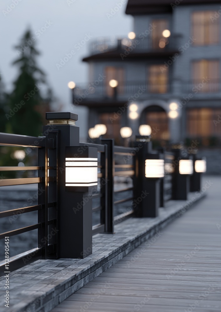 Obraz premium Illuminated pathway along a wooden deck, leading to a multi-story building at dusk