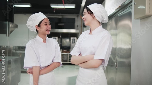 Two kids in cooking class, Asian girl intern chef in white apron uniform chats with partner friend in kitchen together, food catering for delicious cuisine in gourmet restaurant, and culinary meals.