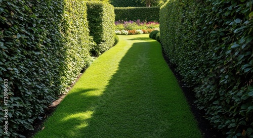 Sunlit green grass path meanders between tall, meticulously trimmed hedges, showcasing vibrant green foliage in a lush garden setting.