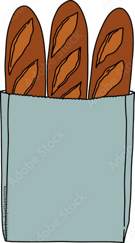Three baguettes in a light blue paper bag