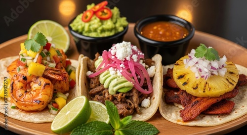 A delicious assortment of gourmet tacos are presented on a wooden tray, featuring various fillings like grilled shrimp with mango salsa, braised meat with avocado, and roasted pineapple, alongside...