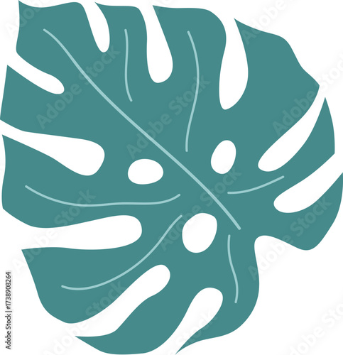 Teal Monstera leaf with abstract holes and thin lines