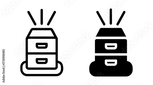 AI holographic file cabinet icon set with outline and solid styles, virtual storage symbol, smart document organization graphic, machine learning archive technology element