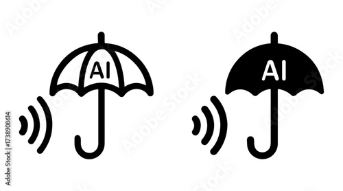 AI voice activated umbrella icon set with outline and solid styles, smart weather protection symbol, machine learning voice control graphic, intelligent assistant technology element