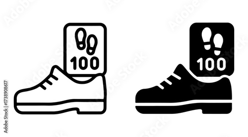 AI smart shoes step tracker icon set with outline and solid styles, intelligent footwear symbol, machine learning fitness monitoring graphic, wearable health technology element