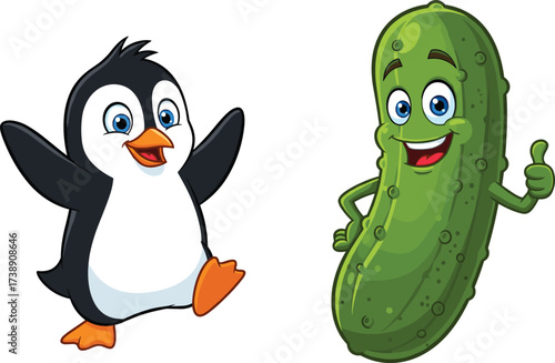 Cute cartoon penguin illustration, funny dancing bird character, happy pickle mascot vector, smiling vegetable artwork, children drawing, food animal clipart
