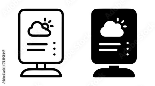 AI smart mirror weather display icon set with outline and solid styles, intelligent reflection screen symbol, machine learning information dashboard graphic, connected home technology element