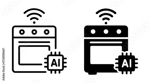 AI WiFi connected oven icon set with outline and solid styles, smart cooking appliance symbol, machine learning kitchen automation graphic, intelligent baking technology element