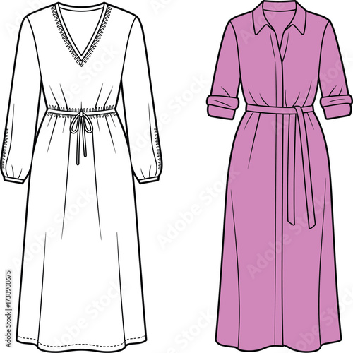 Long sleeve dress vector, shirt dress sketch, women’s midi dress cad, fashion flat template, trendy clothing design, apparel technical drawing
