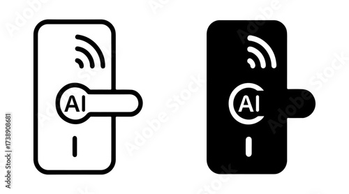 AI voice controlled door lock icon set with outline and solid styles, smart security system symbol, machine learning access control graphic, intelligent home protection technology element