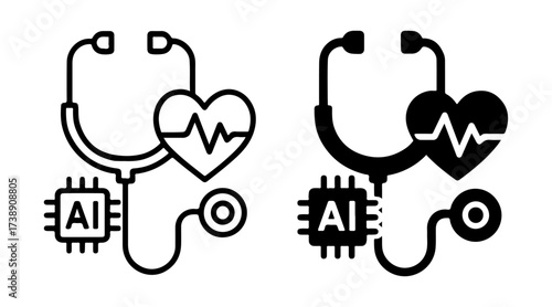 AI stethoscope icon set with outline and solid styles, smart diagnostic tool symbol, machine learning medical examination graphic, intelligent healthcare technology element