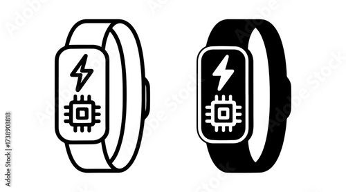 AI fitness band icon set with outline and solid styles, smart activity tracker symbol, machine learning health monitoring graphic, intelligent wearable technology element