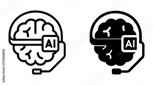 AI brainwave reader headset icon set with outline and solid styles, smart neural monitoring symbol, machine learning cognitive tracking graphic, intelligent neurotechnology element
