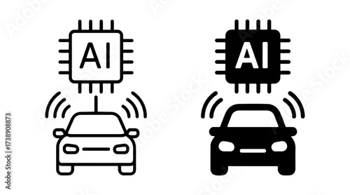AI self driving car icon set with outline and solid styles, autonomous vehicle symbol, machine learning transportation graphic, intelligent automation technology element