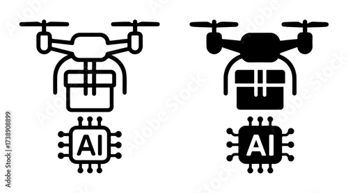 AI drone delivery box icon set with outline and solid styles, smart aerial shipping symbol, machine learning logistics graphic, intelligent transportation technology element