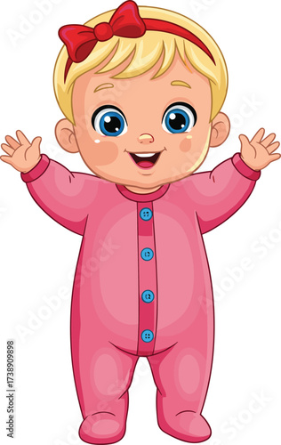 Cute happy cartoon baby girl wearing pink pajamas, smiling with open arms, adorable child character, vector illustration, isolated, nursery design