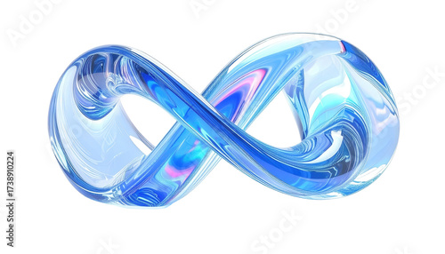 Elegant blue glass infinity symbol with iridescent highlights isolated.