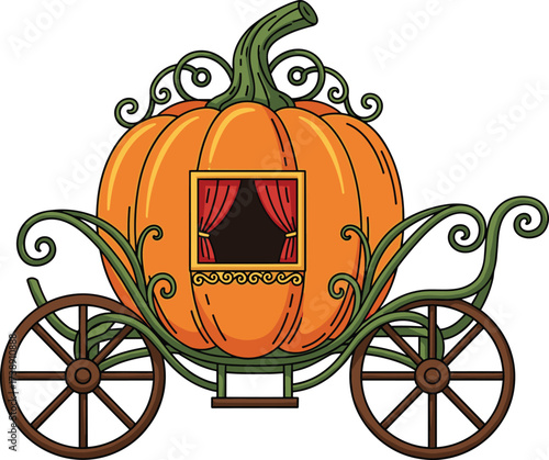 Fairy tale pumpkin carriage illustration, magical Halloween design, vintage fantasy coach artwork, Cinderella inspired vector, children storybook decorative element