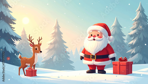 Santa Claus and a reindeer in a snowy winter forest with gifts.