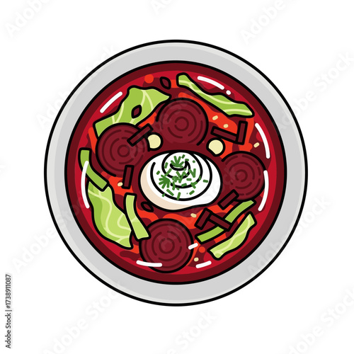 Flat Design Russian Borscht Bowl, Vector Illustration with Bold Outlines, Isolated on White Background