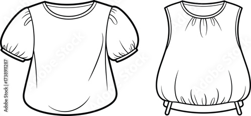 Women blouse flat sketch, cad drawing vector, puff sleeve top design, sleeveless blouse technical illustration, apparel template, stylish garment outline, clothing design