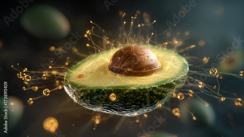 Floating avocado with seed surrounded by glowing neuron networks and golden serotonin icons on dark background symbolizing brain boosting nutrition
