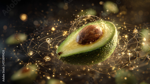 Floating avocado with seed surrounded by glowing neuron networks and golden serotonin icons on dark background symbolizing brain boosting nutrition
