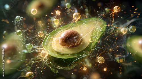 Floating avocado with seed surrounded by glowing neuron networks and golden serotonin icons on dark background symbolizing brain boosting nutrition
