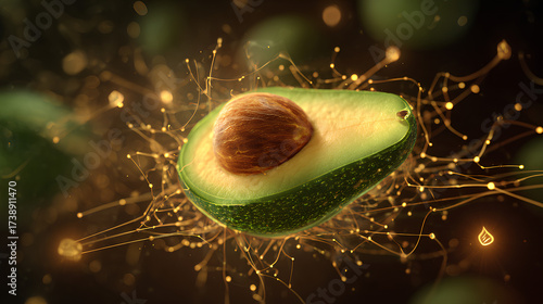 Floating avocado with seed surrounded by glowing neuron networks and golden serotonin icons on dark background symbolizing brain boosting nutrition
