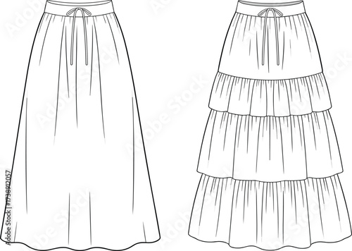 Fashion skirt flat sketch, cad drawing vector, women long skirt design, tiered skirt technical illustration, apparel template, stylish garment outline, clothing design