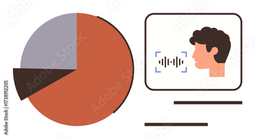 Human profile with sound wave analysis and pie chart for data insight. Ideal for tech, data analytics, machine learning, AI, communication, statistics, education themes. Simple flat metaphor