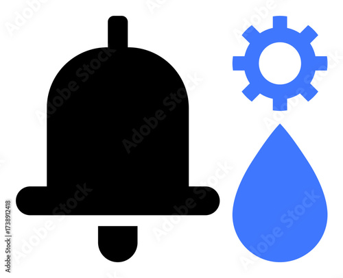 Bell for notification, gear for system settings, and water droplet in simple contrast. Ideal for alerts, customization, app design, management, automation efficiency minimalism. Simple flat